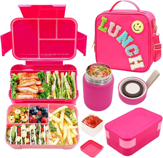 Bento Lunch Box Set for Kids with 10oz Thermo Food Jar, Leak-Proof Lunch Containers with 6 Compartment, Nylon Preppy Lunch