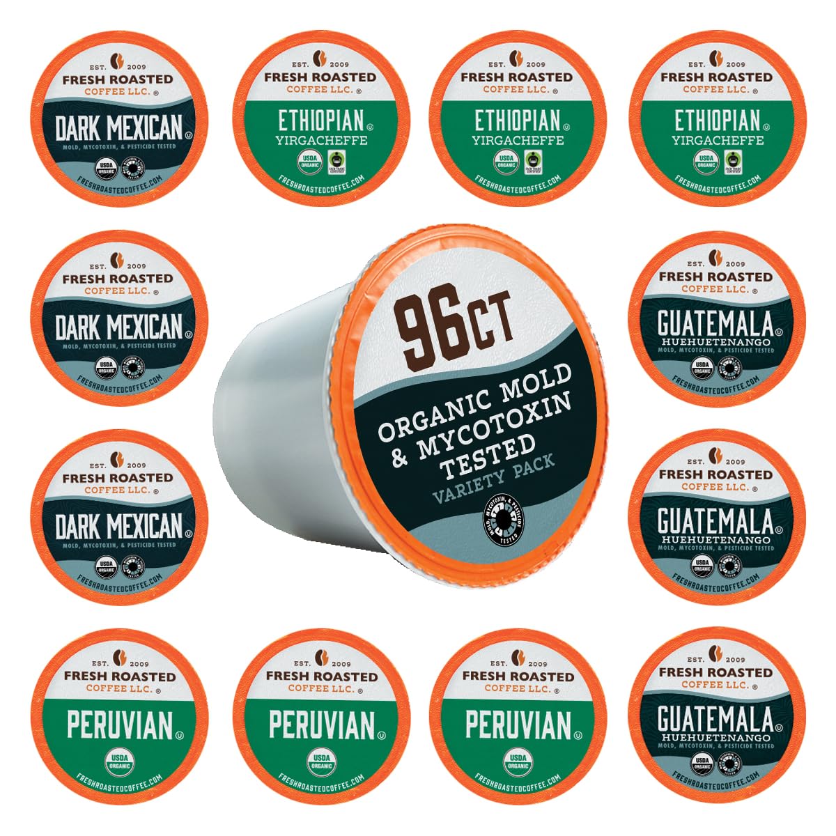Fresh Roasted Coffee, Organic Mold &amp; Mycotoxin Tested Variety Pack K-Cup Pods for Keurig Brewers, Medium Roast, USDA Organic, Kosher, 96 Count Loose Pack