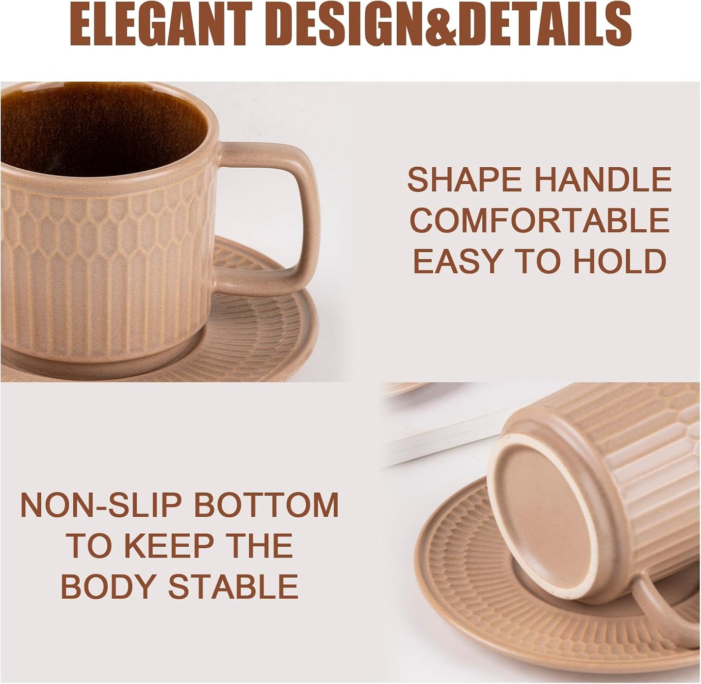 8oz Cappuccino Cups with Saucers Set of 4, 8 Ounce Stackable Embossed Ceramic Coffee Mugs for Specialty Coffee Drinks, Latte Mugs, Cafe Mocha and Tea, Dishwasher &amp; Microwave Safe (Brown)