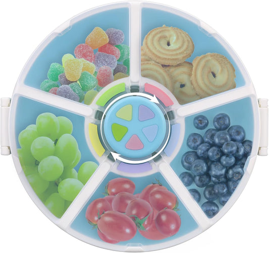 Kids Reusable Rotating Snack Container with 5 Separate Compartments, Color Matching Opening Lid, BPA/PVC-Free, Dishwasher
