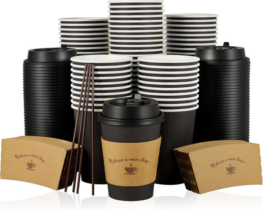 LITOPAK 100 Pack 12 oz Paper Coffee Cups for Hot Chocolate Drinks, Black Disposable Coffee Cups with Lids, Sleeves and
