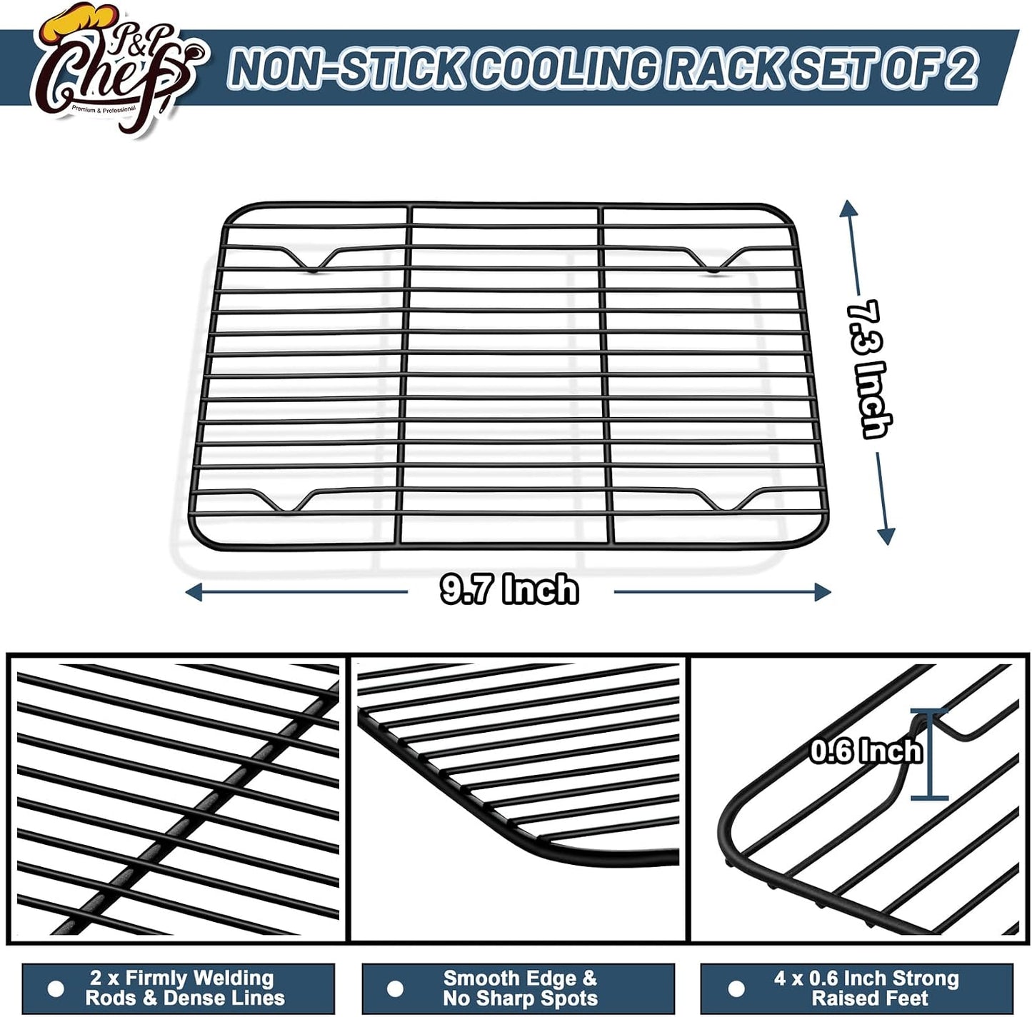 P&amp;P CHEF 9.7" x 7.3" Cooling Baking Wire Racks Pack of 2, Black | Stainless Steel Cooling Racks for Cooking Baking Roasting Grilling Drying, Dense Wires &amp; Smooth Edge, Easy Clean &amp; Rust Proof