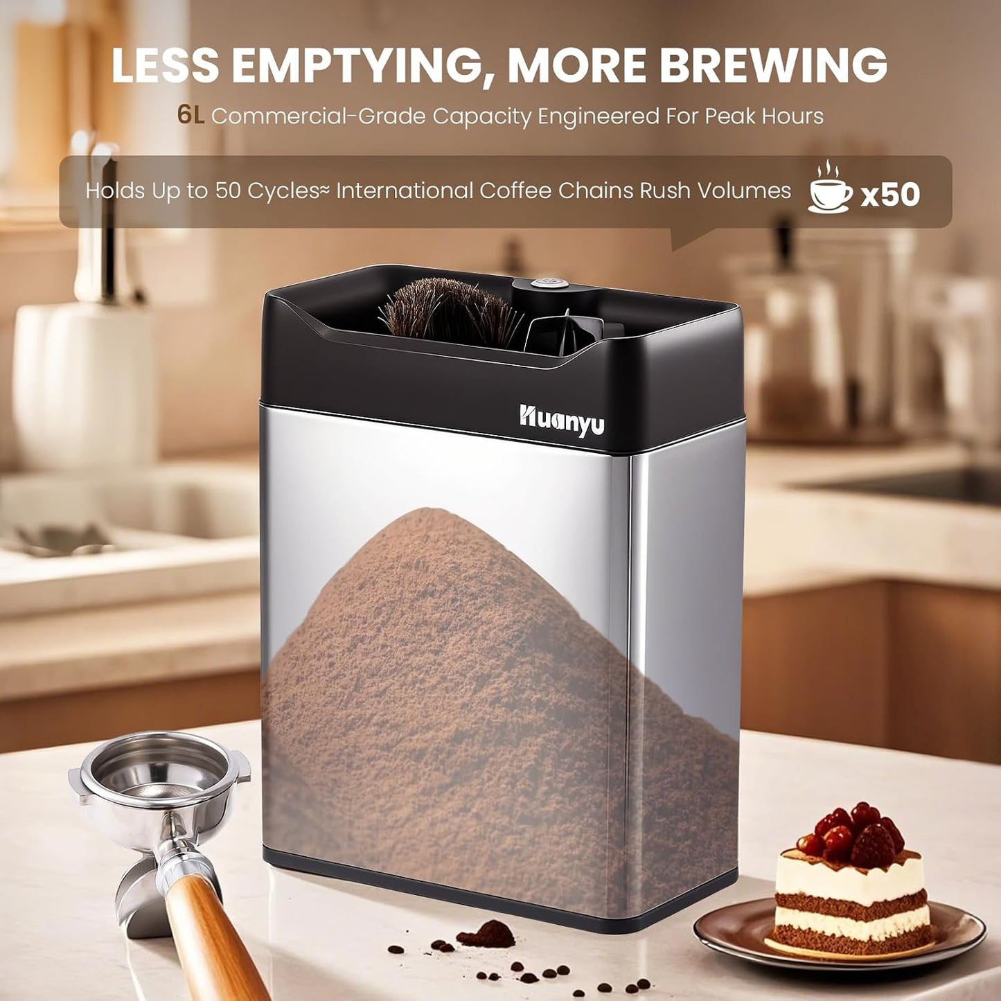 Huanyu 6L Automatic Portafilter Cleaner, 3-Way Installation, for 51&amp;58mm | 6l capacity for 50+ cycles, dual brush heads, 3 size scrapers fits 51&amp;58mm portafilters, stainless steel, for mid-volume cafe