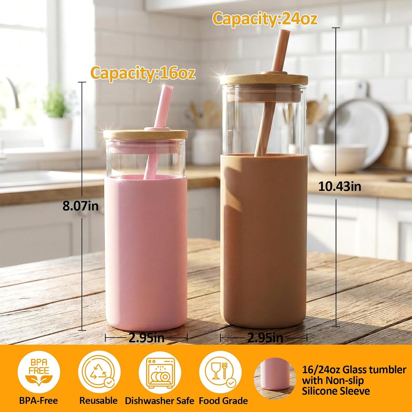 Tronco 16 oz Glass Tumbler with Lids and Straws, Reusable Iced Coffee Cups | Borosilicate Glass Cups with Bamboo Lid, Silicone Sleeve, Smoothie Cup, Dishwasher Safe, Car Cup Holder, Iced Coffee Tumbler