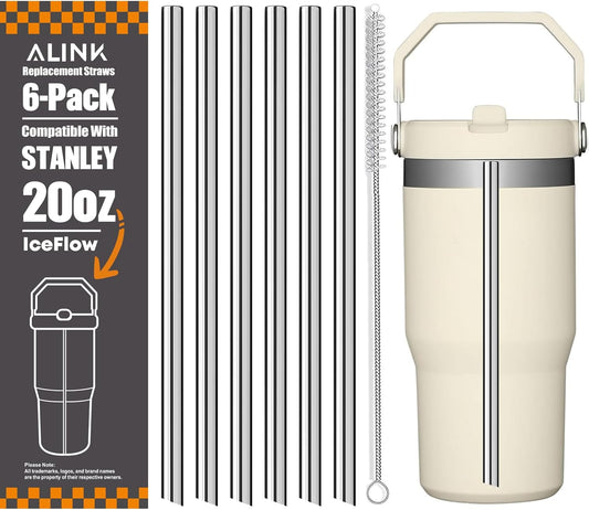 ALINK Stainless Steel Straws Compatible with Stanley Iceflow 20oz Flip Tumbler, 6 Pack Reusable Metal Straws for Stanley Ice
