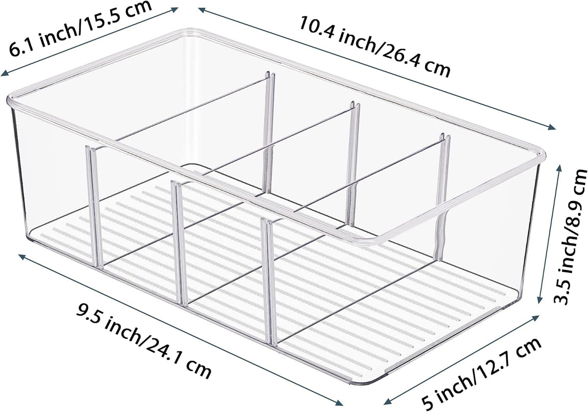 Vtopmart 6 Pack Food Storage Organizer Bins, Clear Plastic Bins for Pantry, Kitchen, Fridge, Cabinet Organization and Storage, 4 Compartment Holder Packets, Snacks, Pouches, Spice Packets