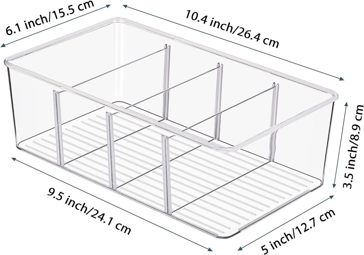 Vtopmart 4 Pack Food Storage Organizer Bins, Clear Plastic Bins for Pantry, Kitchen, Fridge, Cabinet Organization and Storage, 4 Compartment Holder Packets, Snacks, Pouches, Spice Packets