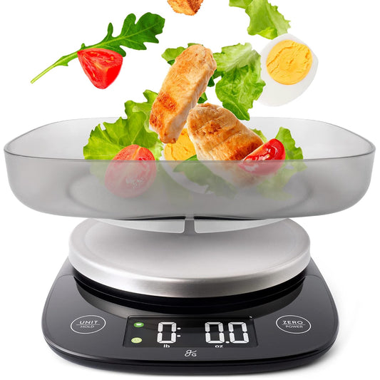 Greater Goods Digital Food Scale with Bowl, 11lb to 5kg Capacity, Grams and Ounces, Tare Function, 4 Units for Baking, Meal