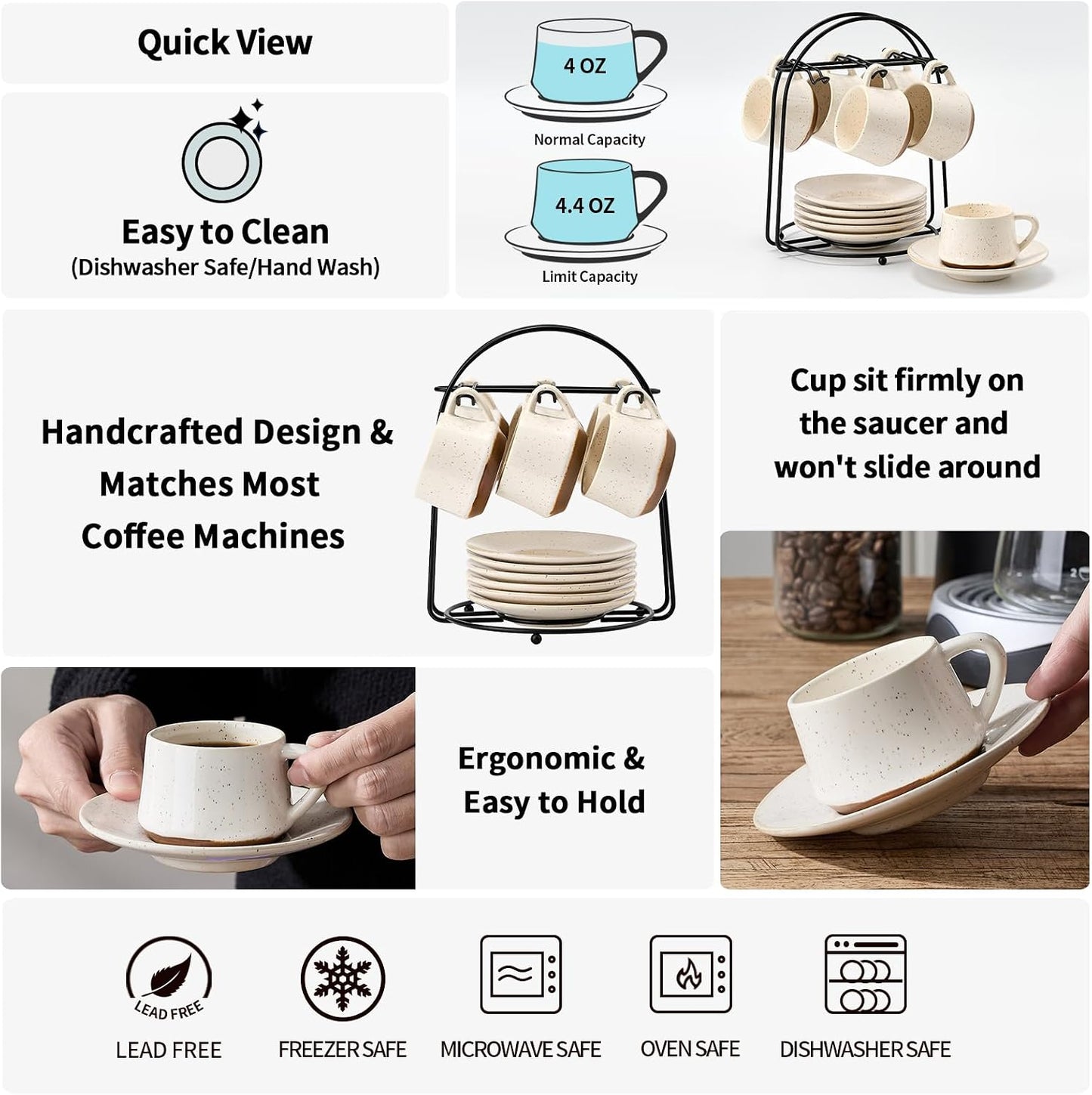 Stackable Cappuccino Cup Set of 6 [4oz]Activated-Glazed Ceramic Coffee Cup | Ceramic Coffee Cups with Saucers and Cup Holder,Microwave/Dishwasher Safe,Espresso Demitasse Cups(White)