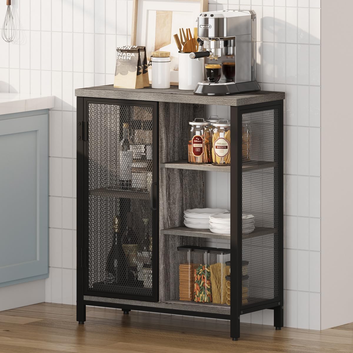 BON AUGURE Liquor Cabinet Bar for Home, Coffee Storage Cabinet | Adjustable Shelves, Small Wood Sideboard Buffet Station Cabinets with Door, for Kitchen/ Dining/ Entryway, Dark Grey Oak, 36"