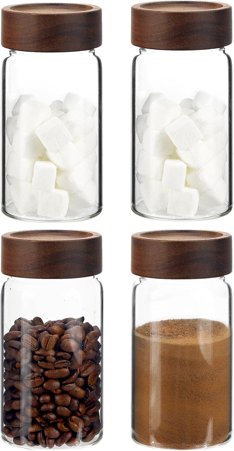 8 oz Small Glass Spice Jars with Airtight Wood Acacia Lid 4 PCS,Clear Coffee Ground Storage Canister Round Glass Spice Jar for Pantry Sugar Tea Bean Nuts Cookies Salts Seasoning