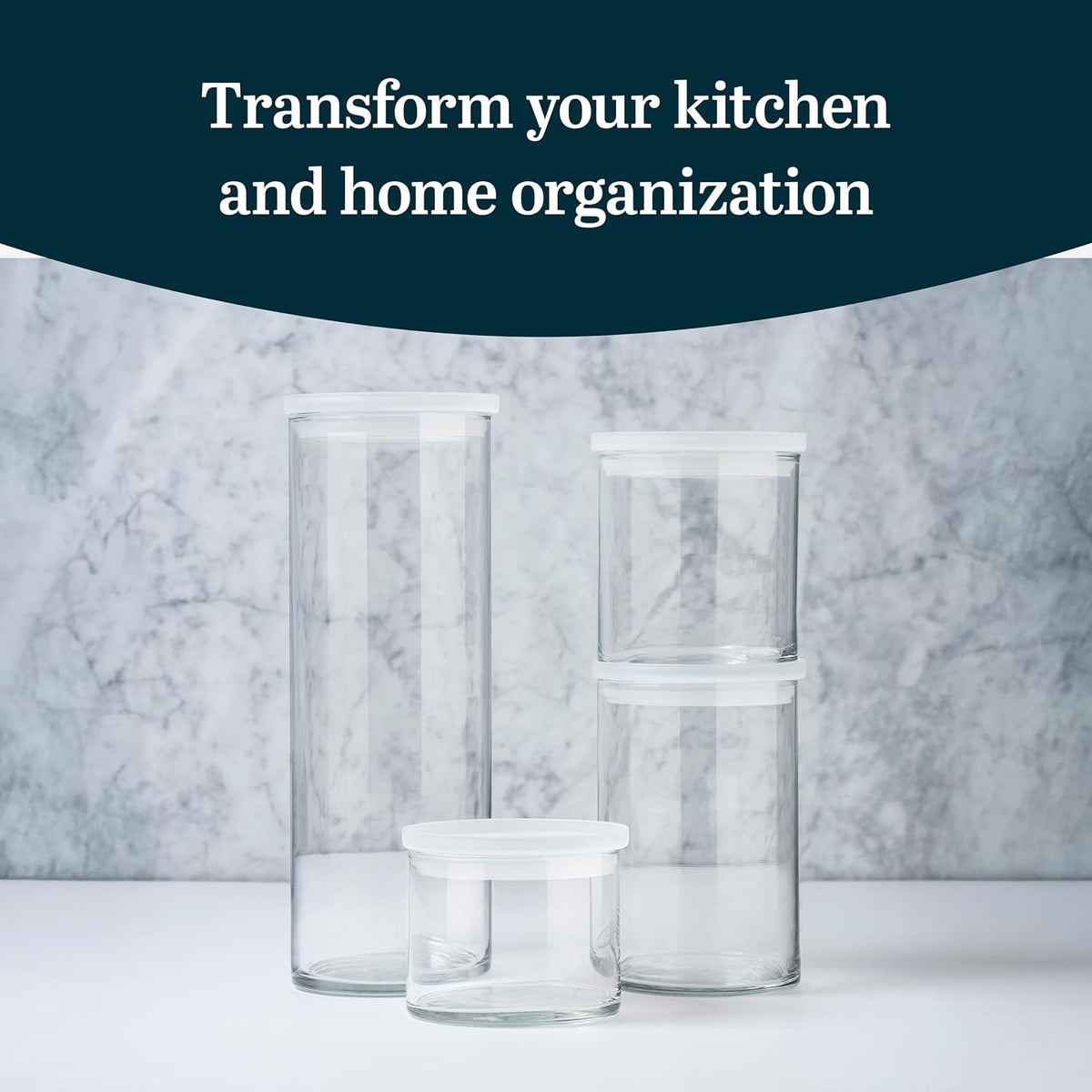 Libbey Stacking Cylinder Assorted Storage Jars, Stackable Glass Jars Set of 4, Airtight Plastic Lids, Dishwasher Safe Food Jars for Storing Dry Goods