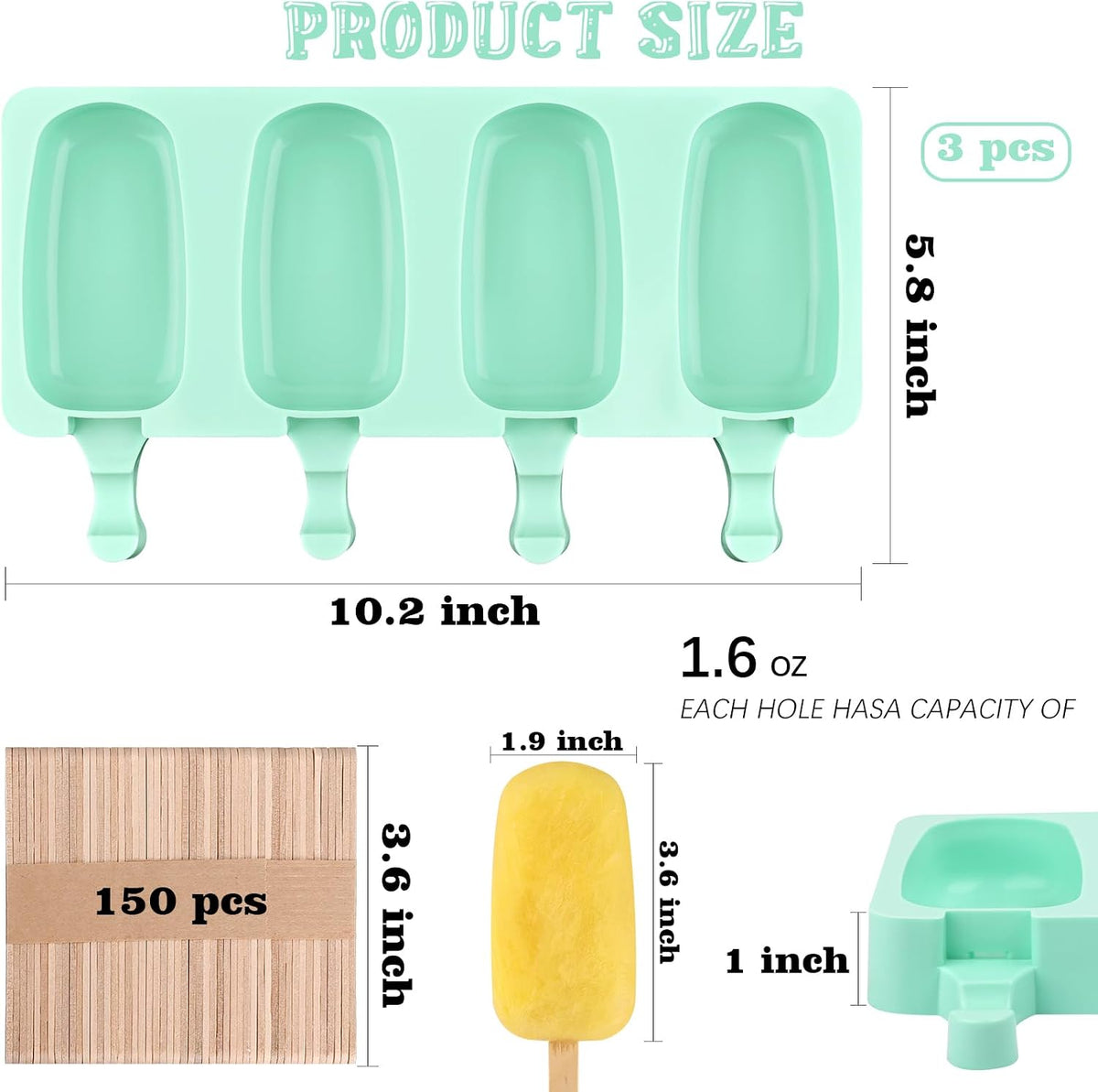Large Oval 4 Cavities Silicone Popsicle Molds Set of 3, Green | Food Grade Silicone, Easy to Use, Include 150 Pcs Wooden Sticks, Homemade Ice Cream Molds for Ice Pop, Cakesicles, Cake Pop