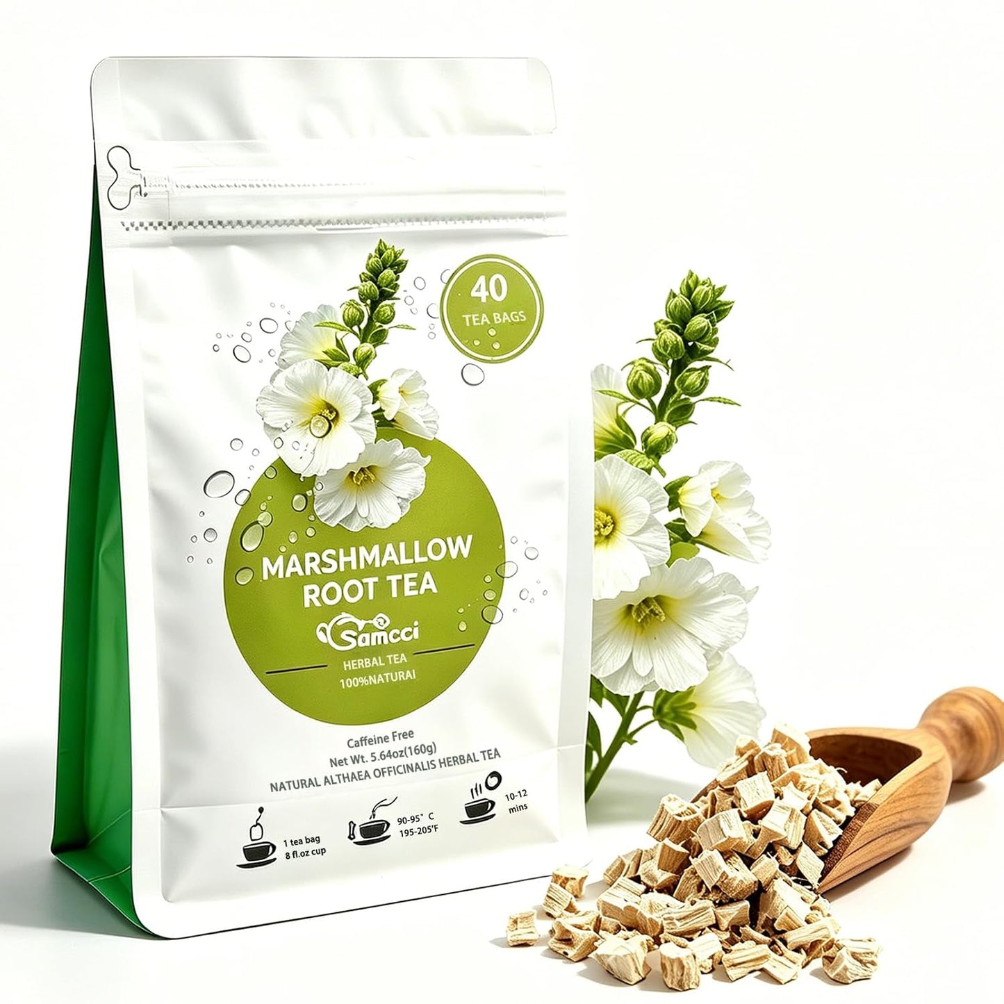 Samcci Marshmallow Root Tea Bags, 40 Count, Pure Althaea Officinalis | Pure Dried Cut &amp; Sifted Root, Supports Digestion &amp; Respiratory, 100% Natural, No Sugar, Caffeine-Free, Vegan