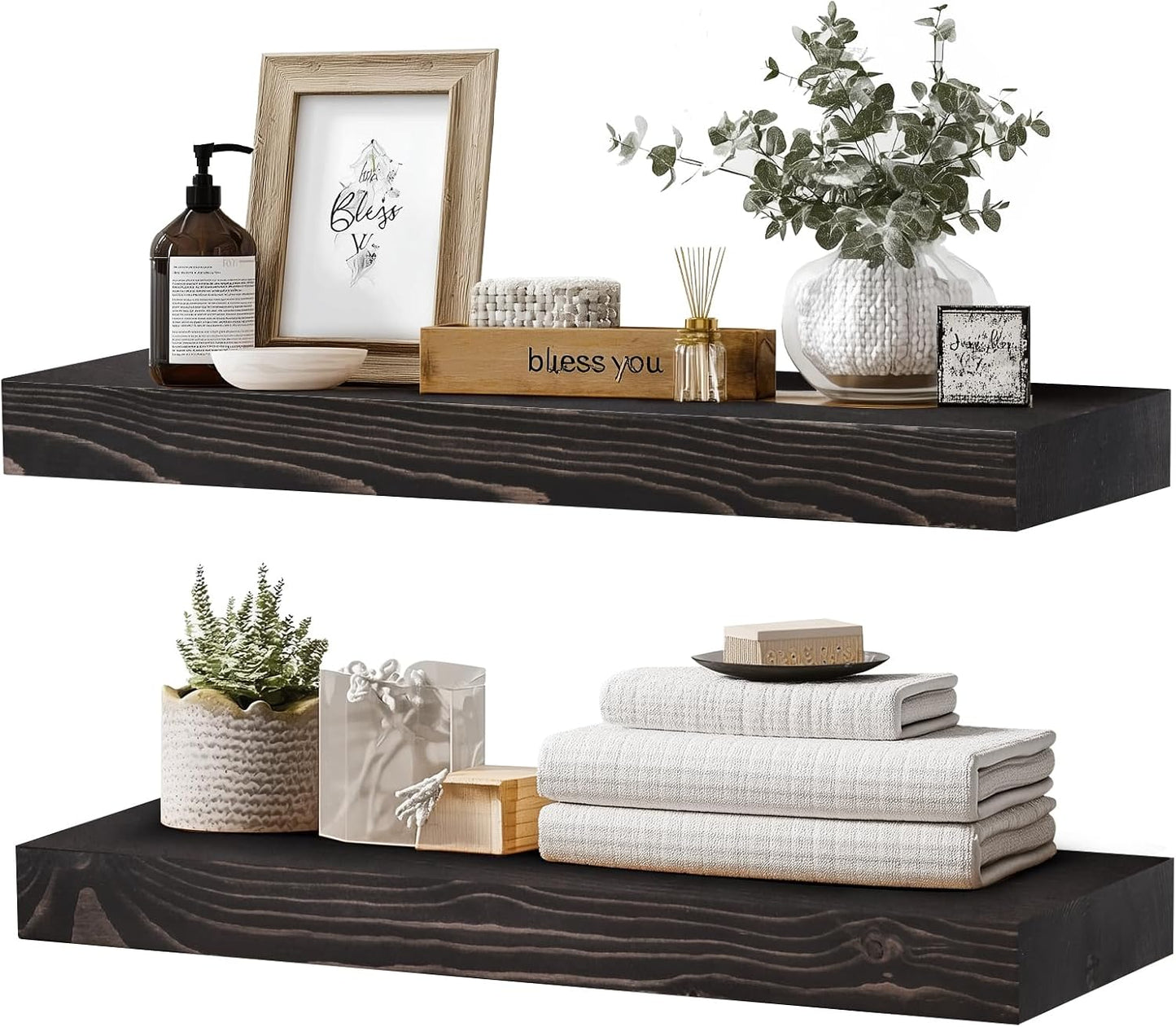 Solid Wood Floating Shelves, 24 Inch Wall Shelves, Set of 2, Black