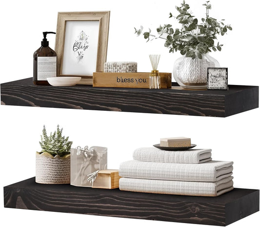 Solid Wood Floating Shelves, 24 Inch Wall Shelves, Set of 2, Black