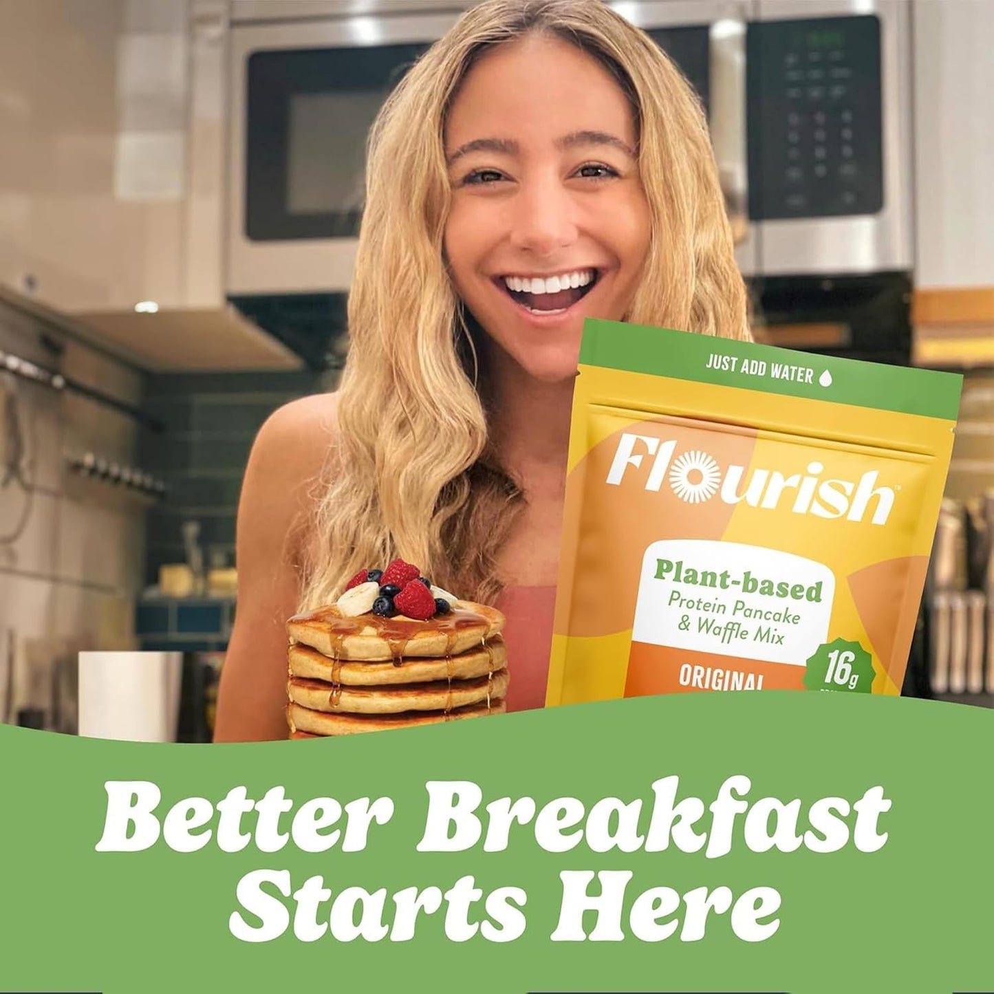 Flourish Plant-Based Protein Pancake &amp; Waffle Mix, Gluten-Free, Dairy-Free, Nut-Free, Soy-Free, Vegan, Non-GMO, All-Natural Superfood, High Protein &amp; Fiber, Just Add Water - Original, 430 g (2 Pack)