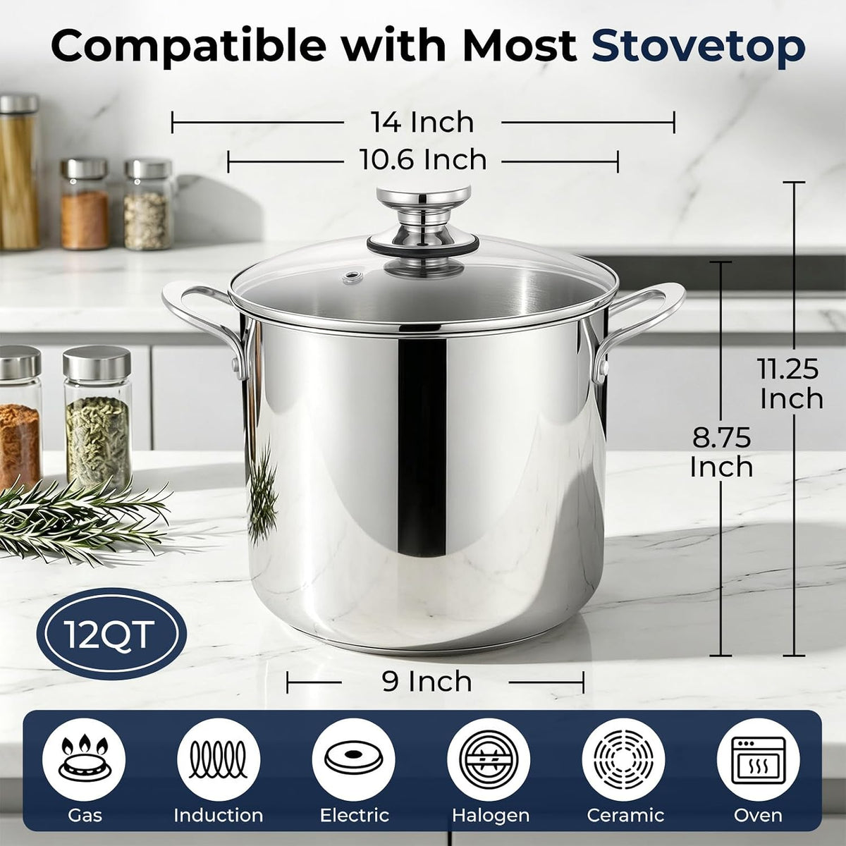 E-far 12-Quart Stock Pot, 18/10 Stainless Steel Stockpot with Lid for Cooking Simmering Soup Stew, Heavy Duty Cookware Works w/Induction, Non-toxic & Corrosion Resistant, Dishwasher Safe