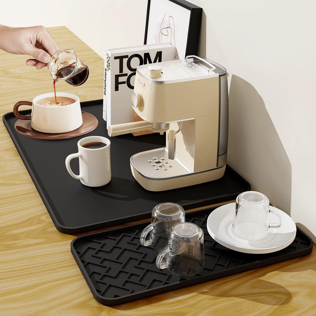 Coffee Mat, 19" x 12" Silicone Coffee Bar Mat, Non-Slip Espresso Machine Mat with 0.44" Raised Edges, Waterproof Heat Resistant Countertop Protector, Dishwasher Safe