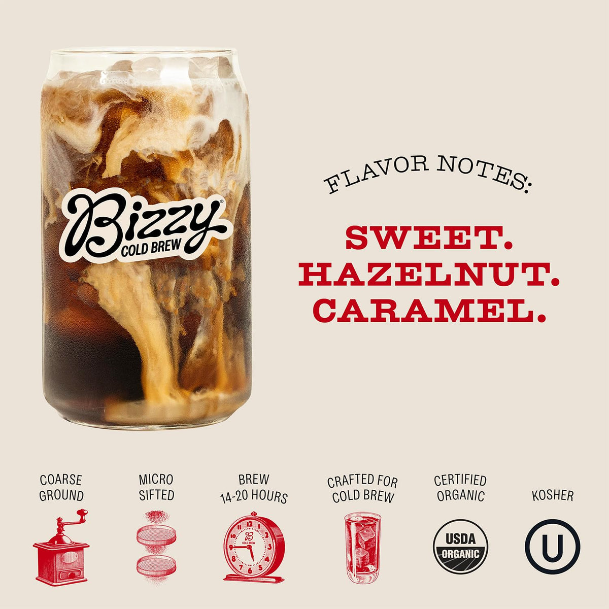 Bizzy Organic Cold Brew Coffee, Smooth &amp; Sweet Blend, Brew Bags, 12 ct | Coarse Ground Coffee in Brew Bags for Cold Brew, Medium Roast, Micro Sifted, Specialty Grade, 100% Arabica, Makes 42 Cups