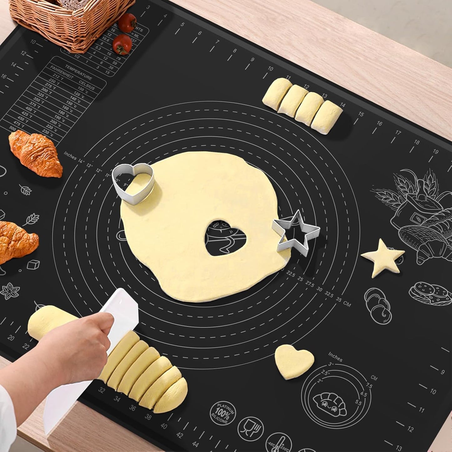 Silicone Baking Mat 28" x 20" Extra Thickness Dough Rolling Mat with Measurements and Edge Heightening, Non-stick Food Grade Silicone Pastry Mat for Pastry, Bread, Cookies, Pizza, Fondant, Pasta-Black