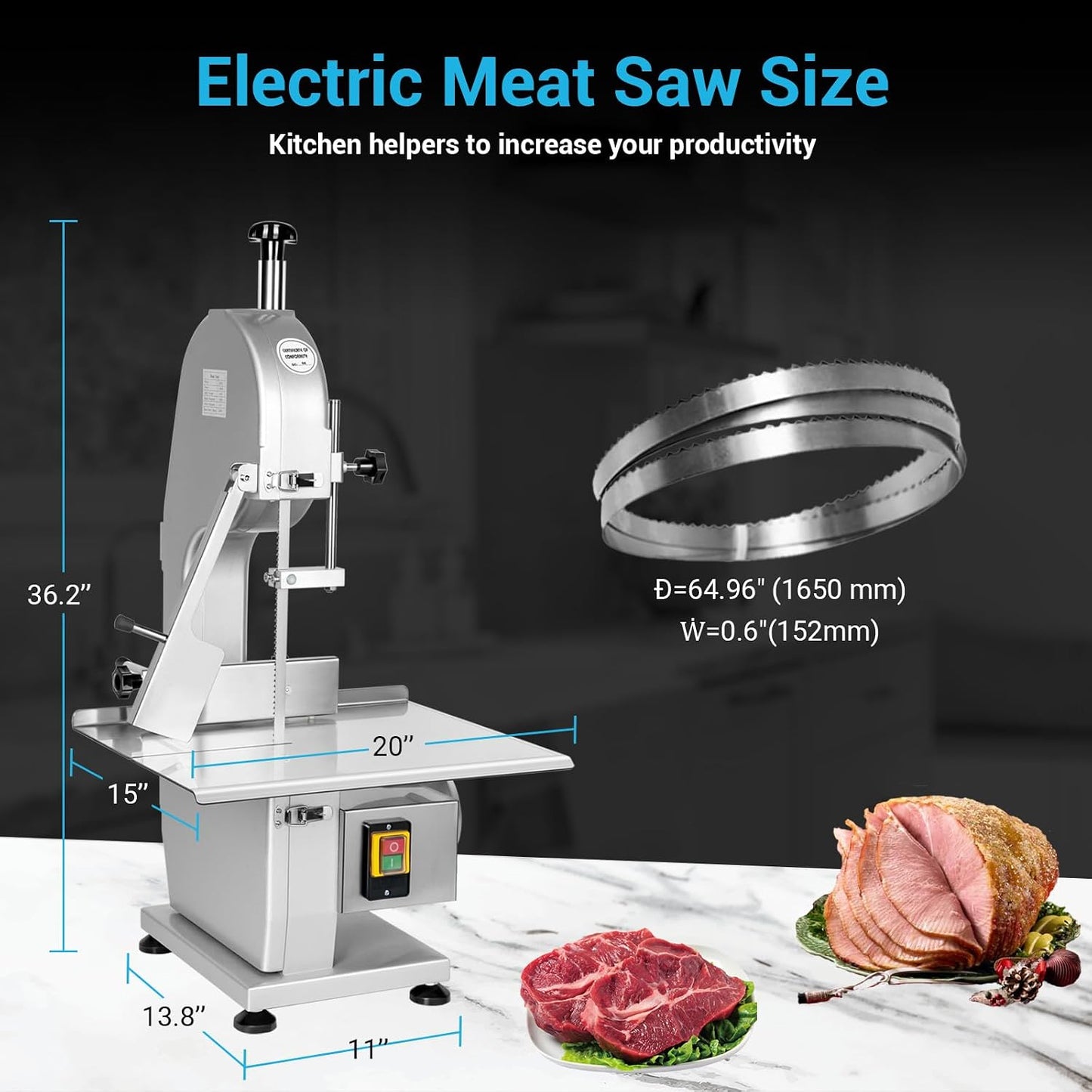 Commercial Electric Meat Bone Saw Machine, Kitchen Frozen Food Processor, Adjustable Thickness 0.6-5.9”, Butcher Band Saw with 20x15” Work Table for Chicken Fish Beef Bread