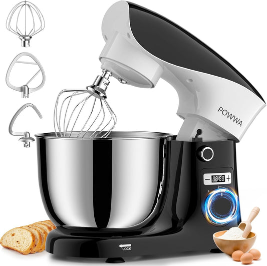 Stand Mixer, POWWA 6.5 QT 10 Speeds Tilt-Head Electric Stand Mixer, 3-In-1 Kitchen Mixer with Bowl, Dough Hook, Whisk and