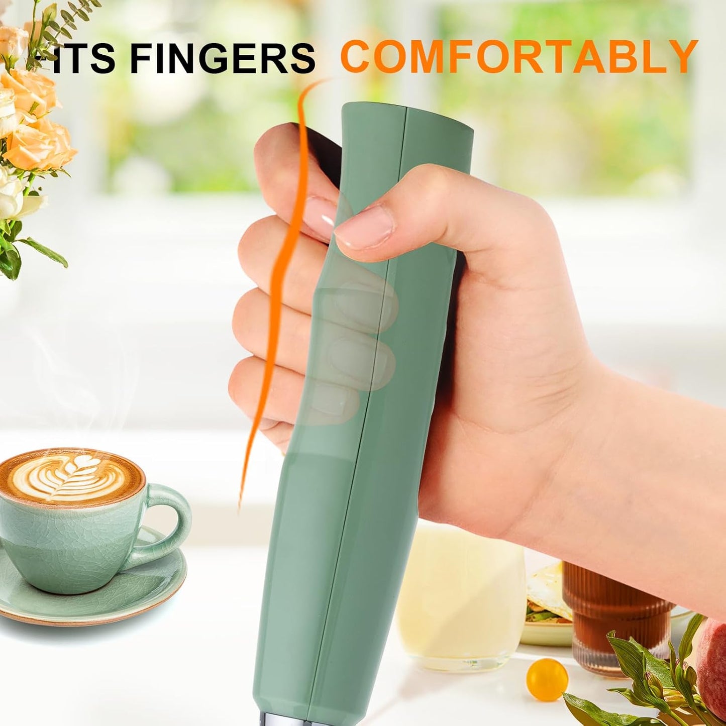 YUSWKO Granite Green Handheld Milk Frother Wand for Coffee, Rechargeable Electric Whisk with 3 Heads 3 Speeds Drink Mixer Coffee Frother For Latte, Cappuccino, Hot Chocolate, Egg