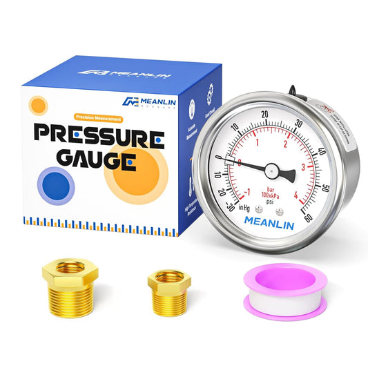 MEANLIN MEASURE -30inHG~60Psi Vacuum Gauge Stainless Steel 1/4" NPT 2" FACE DIAL Waterproof for Air Compressor HVAC Negative