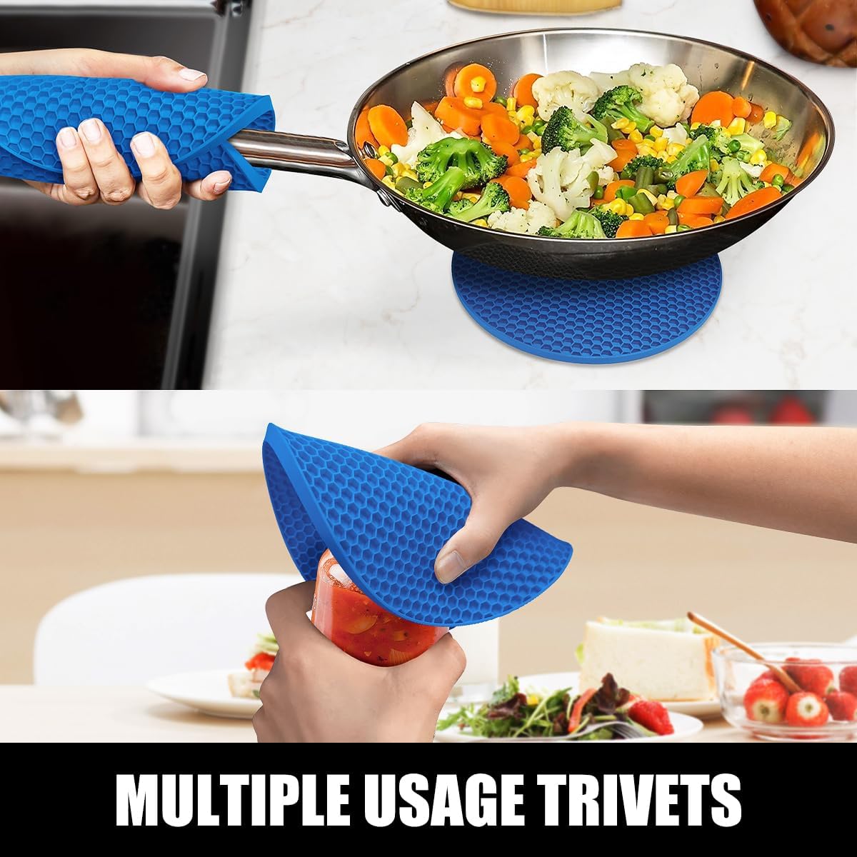 RORECAY Silicone Oven Mitts and Pot Holders Sets, Gloves for Kitchen, Blue | Set of 6 Kitchen Mitts for Baking &amp; Cooking, Heat Resistant 500 ℉, 15" Extra Long, Non-Slip &amp; Waterproof, Quilted Cotton