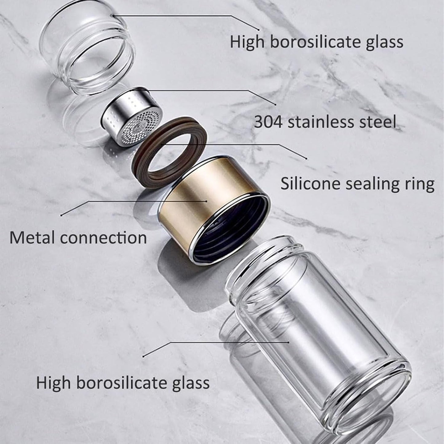 QUROXO 2025 New Glass Infuser, 3-In-1 Smart Tea Infuser with Cup Brush, Double-Layer Borosilicate Glass Tea infusers Separation Cup (Gold, 350ml (12oz))
