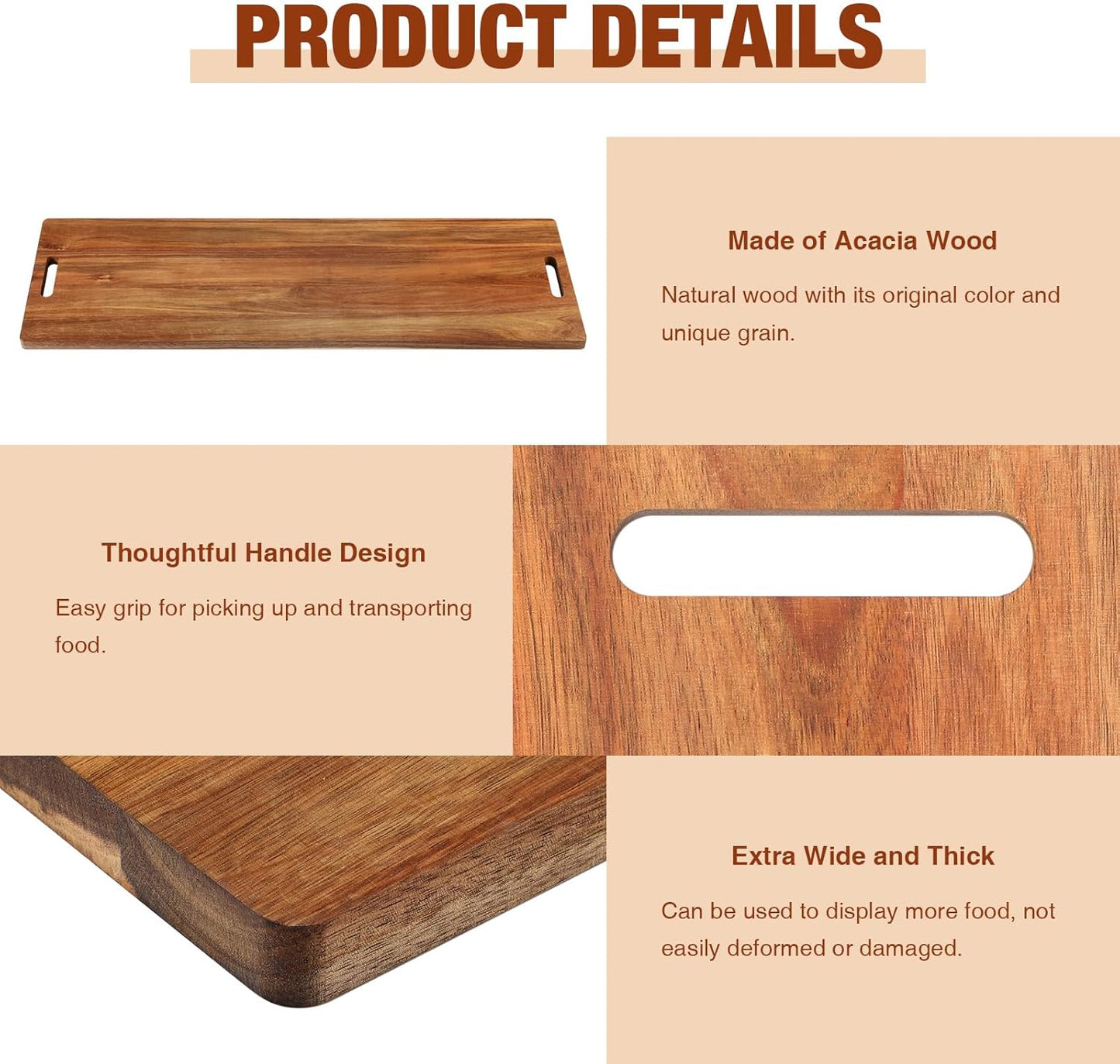 Skylety 4 Pieces 35.4" Acacia Wooden Cheese Serving Board with Handles Large Charcuterie Board Wooden Cutting Board for Appetizers Food