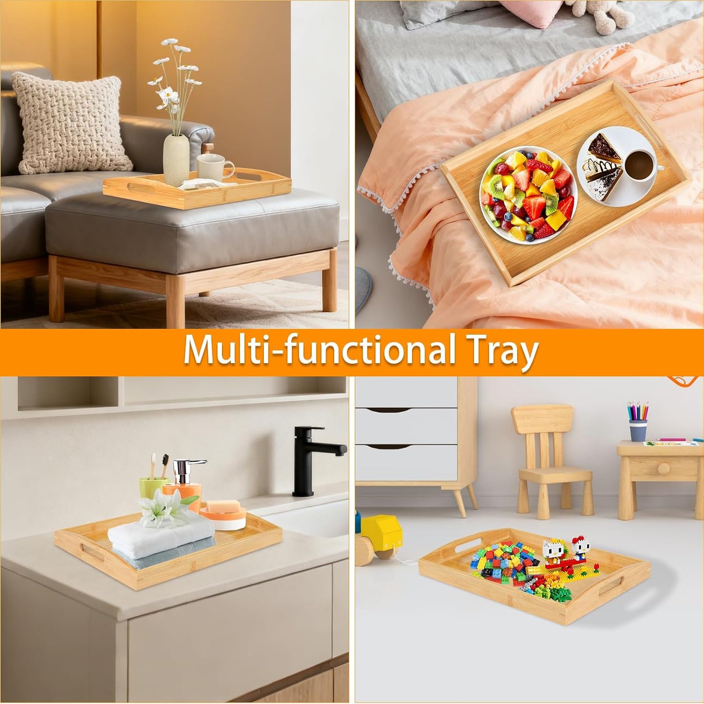 2-Pack Bamboo Serving Trays with Handles, 16" and 13", Decorative Food Tray Set for Breakfast, Coffee, Tea, Snacks, Ideal for Coffee Table, Ottoman, Living Room &amp; Kitchen