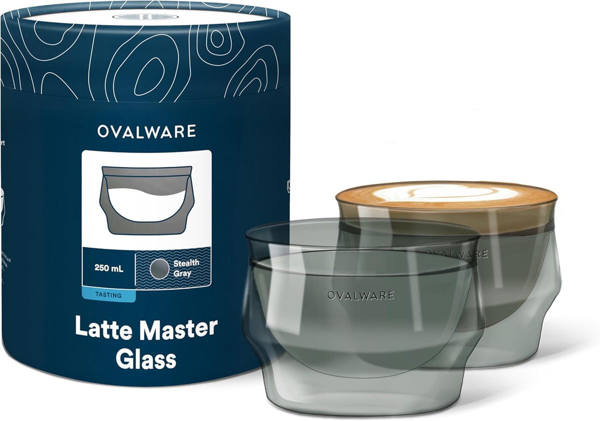 ovalware 8.5oz Double Wall Latte Cups, Latte Set of 2 - Latte Glasses for Cold & Hot Drink, Palm-Sized Cups with Wide Rim for Artistic Designs - Stealth Gray