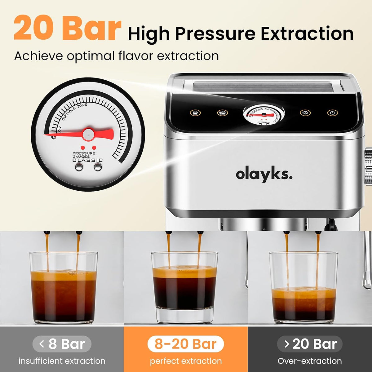 Espresso Machine 20 Bar, Brush Stainless Steel Espresso Maker with Milk Frother Steam Wand, 1400W Espresso Coffee Machine with 1.8L Removable Water Tank for Latte, Cappuccino,Machiato