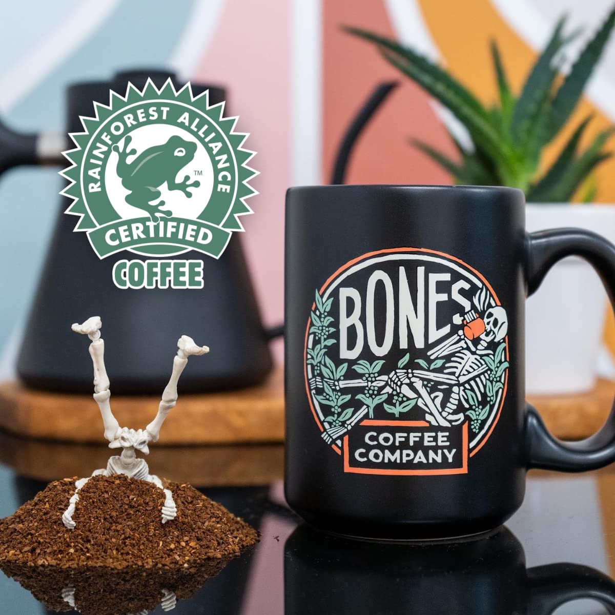 Bones Coffee Company High Voltage, Highly Caffeinated Unflavored Coffee, Medium Roast Low Acid Arabica Beans Compatible with Auto drip and French Press Coffee Maker, 12 Oz Ground