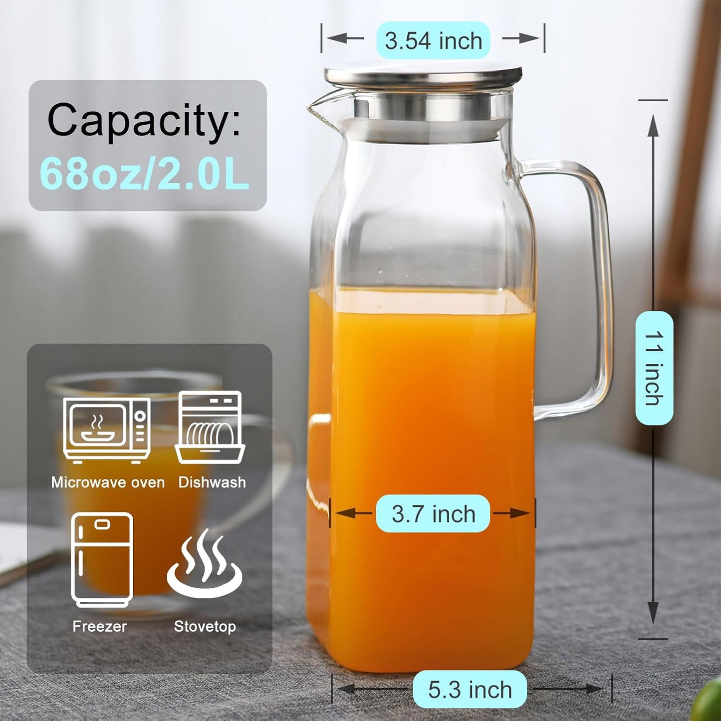 60 FL OZ (1.8L) Heat-resistant Glass Pitcher with Lid,Suitable for Refrigerators,with Handle.Can be Used for Gatherings and Family Dinners,for Tea,Coffee,Lemonade,Juice,Etc