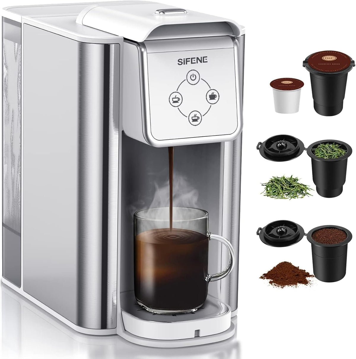SIFENE 3-in-1 Single Serve Drip Coffee Machine, Compact K-Cup/K-Pod Compatible Brewer for Ground Coffee &amp; Tea, 50oz Removable Water Reservoir, Multiple Brew Sizes, Auto Shut-Off