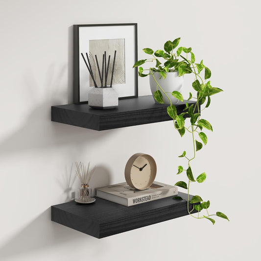 Fun Memories 9 Inch Deep Black Floating Shelves, Farmhouse Rustic Natural Wood Floating Shelf Wall Mounted, 16 x 9 Wall