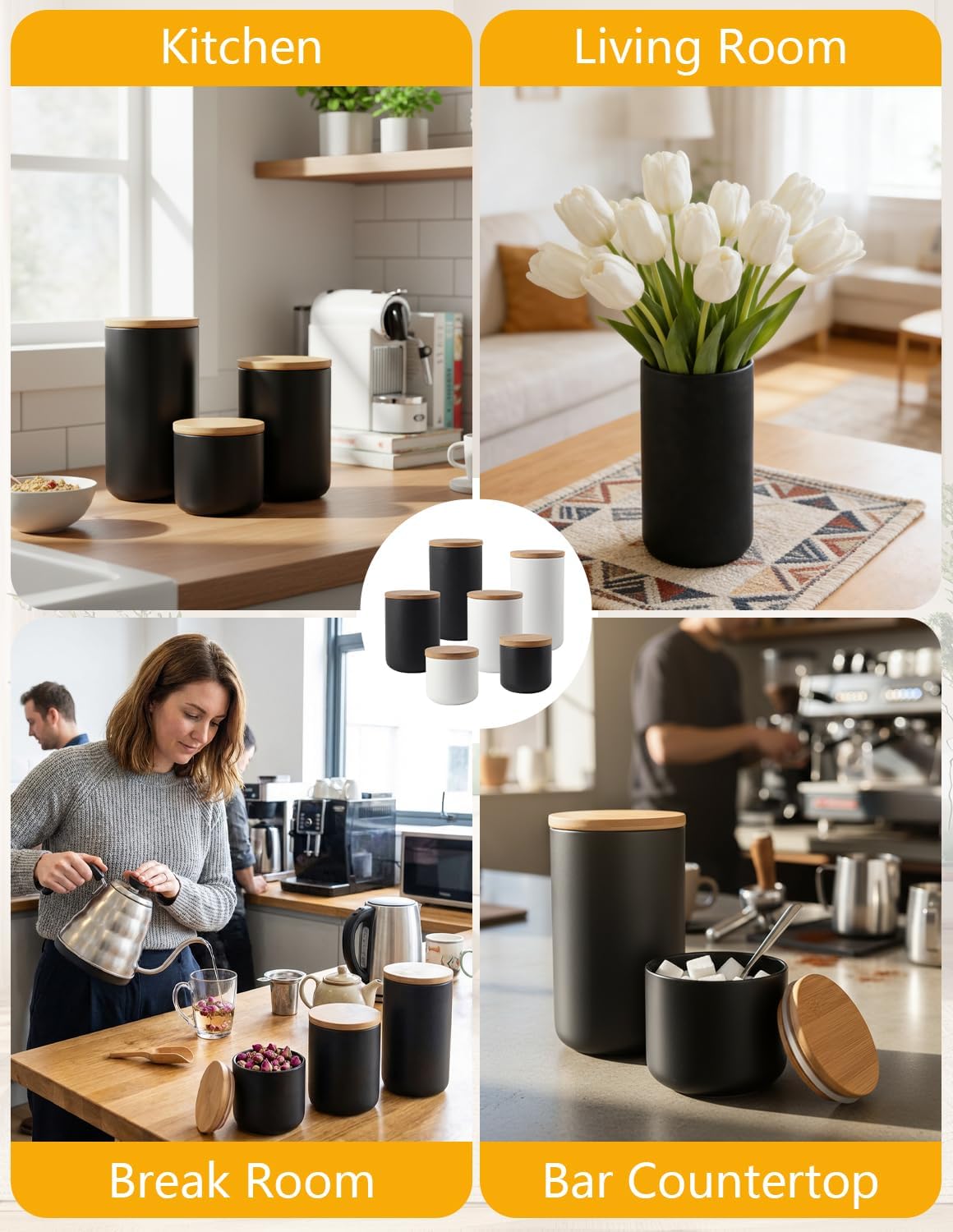 YYW Ceramic Food Storage Containers with Lids, 800ml/27oz Food Storage Jar | Black Kitchen Storage Containers, Good for Flour, Coffee Bean, Sugar, Tea, Spices and More, Home Decor