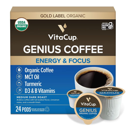 VitaCup Organic Genius Keto Medium Dark Roast Coffee Pods, 24ct