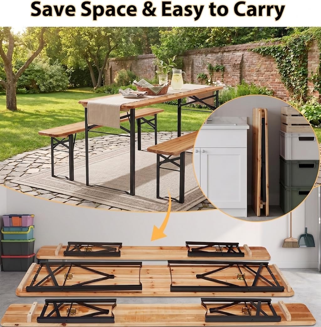 AVAWING 5.8FT 3-Piece Portable Picnic Table Bench Set, 6-8 Person Folding Wooden Dining Table Set，70" Patio Beer Table f