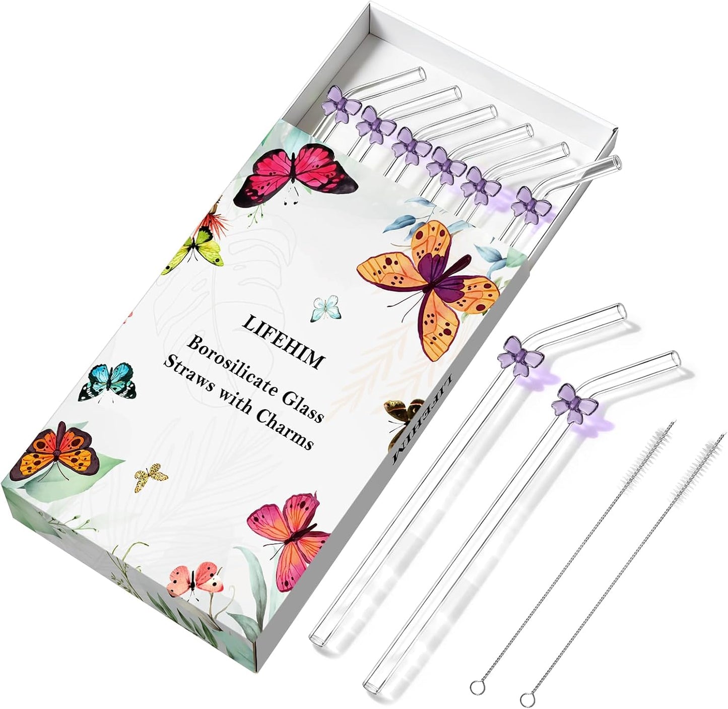 8pack Purple Bow Glass Straws with Charms, 9Inch 8mm Bent Borosilicate Set | bow straws glass bent create a coordinated coquette brunch, iced-latte table or gift basket with matching bow accents