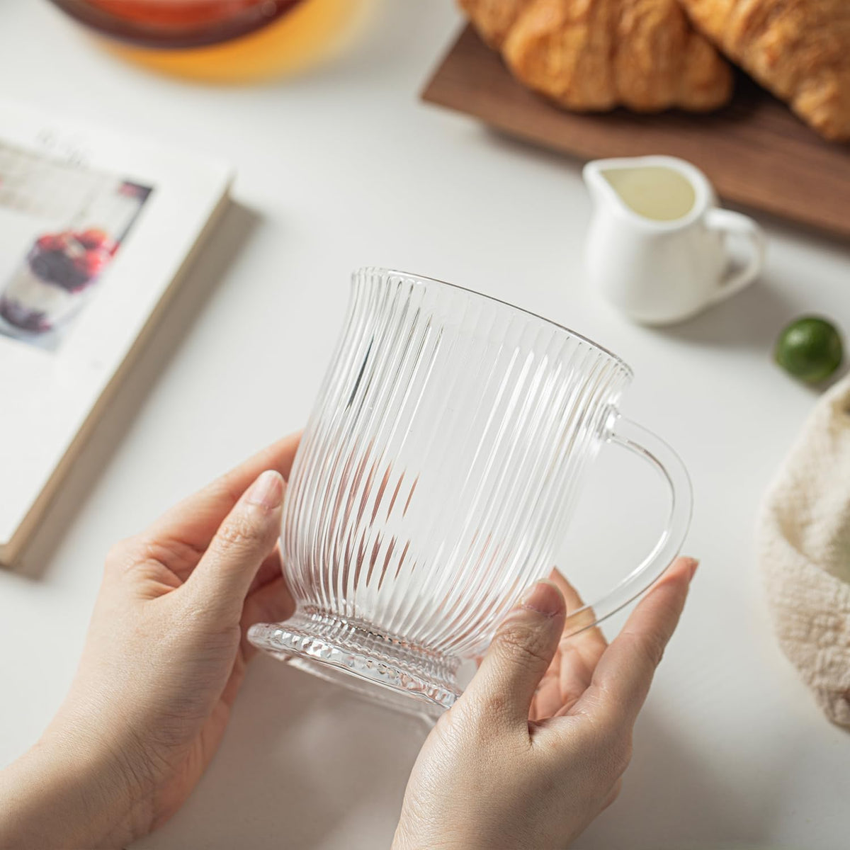 Ribbed Glass Coffee Mugs Set of 4,16 Oz Clear Diner Cups,Large Espresso Cups with Spoon, Glass Mugs with Handle Latte Cup with Footed Base for Hot Beverages,Cappuccino Cups, Stylish Drinkware