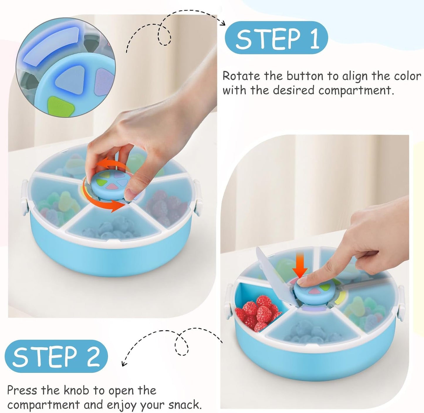 Kids' Rotating Snack Container Set – 2-Pack, Includes 1 Rotating Snack Container & 1 Round Sectioned Snack Box, BPA-Free, Dishwasher Safe, Perfect for Travel-Blue