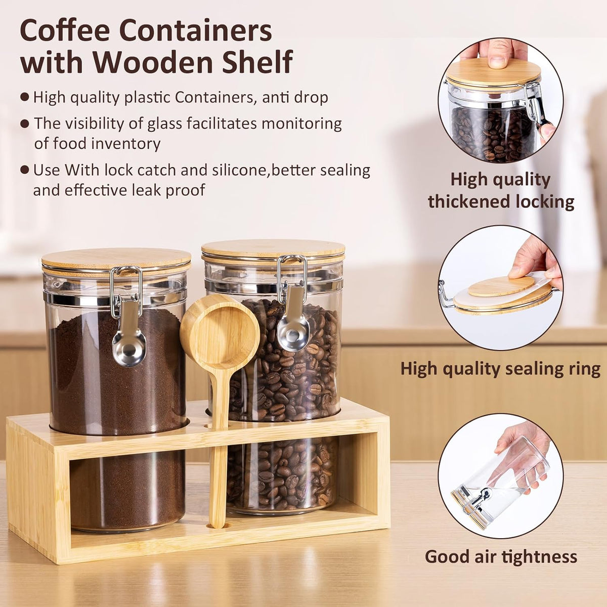 Yangbaga Coffee Container with Shelf: 2P 38OZ Plastics Airtight Coffee Jar | Coffee Canister w/Scoop - Kitchen Food Storage Jar for Ground Coffee/Tea/Sugar/Cereal/Nuts/Coffee Bar