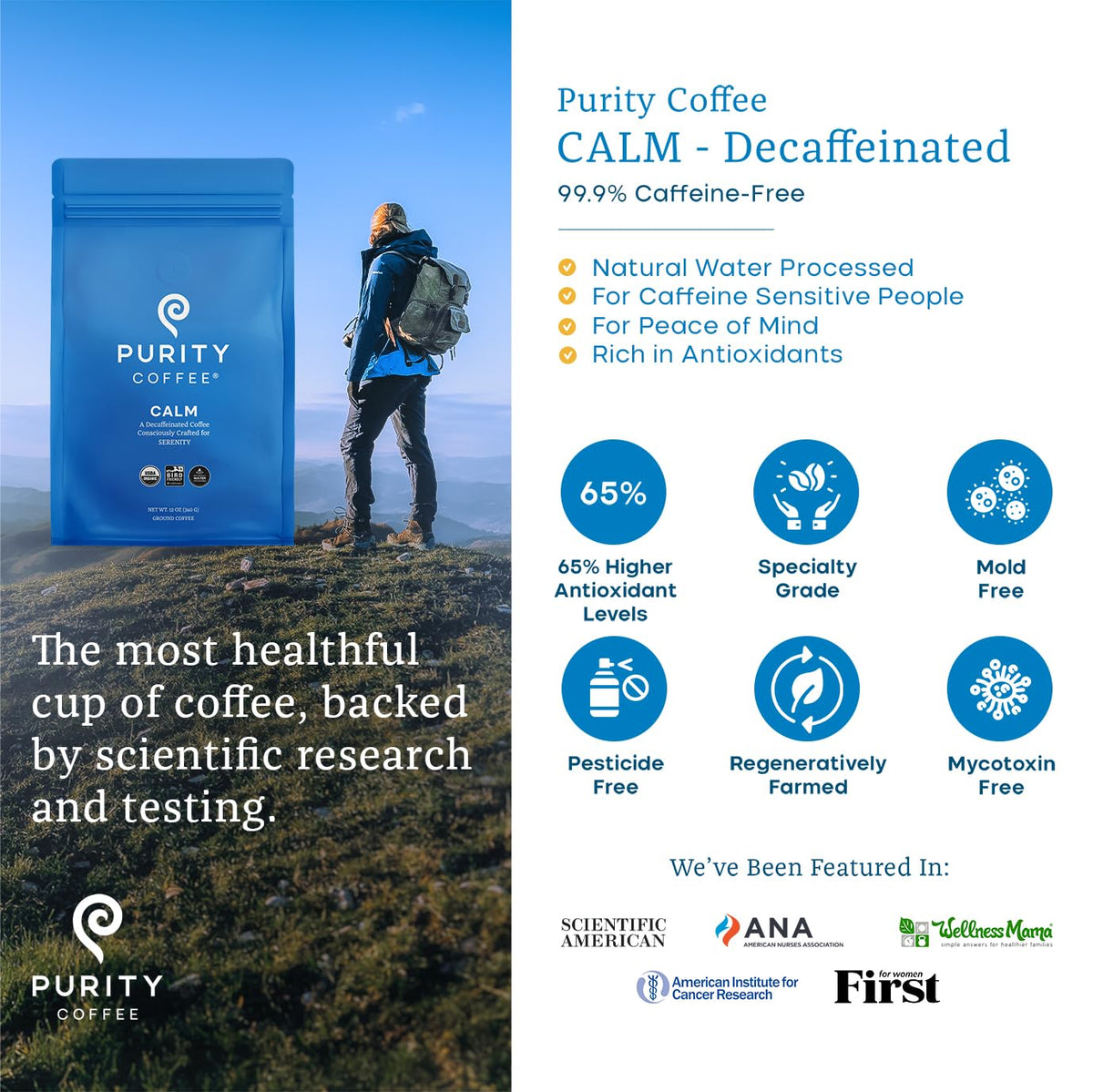 CALM Decaf Medium Roast Ground (12oz Bag) | Specialty-Grade USDA Organic MWP Decaffeinated Blend | Third Party Tested for Mold, Mycotoxins &amp; Pesticides