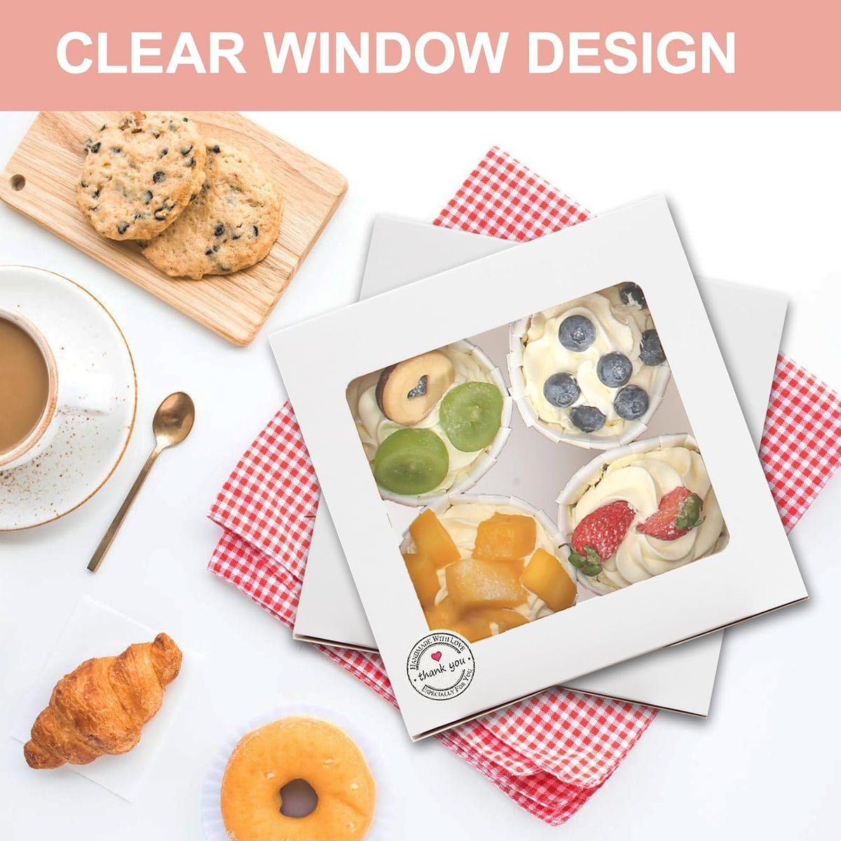 OAMCEG Cupcake Boxes with Window, 6x6x3 Inches Cookie Boxes,50 Pack,White