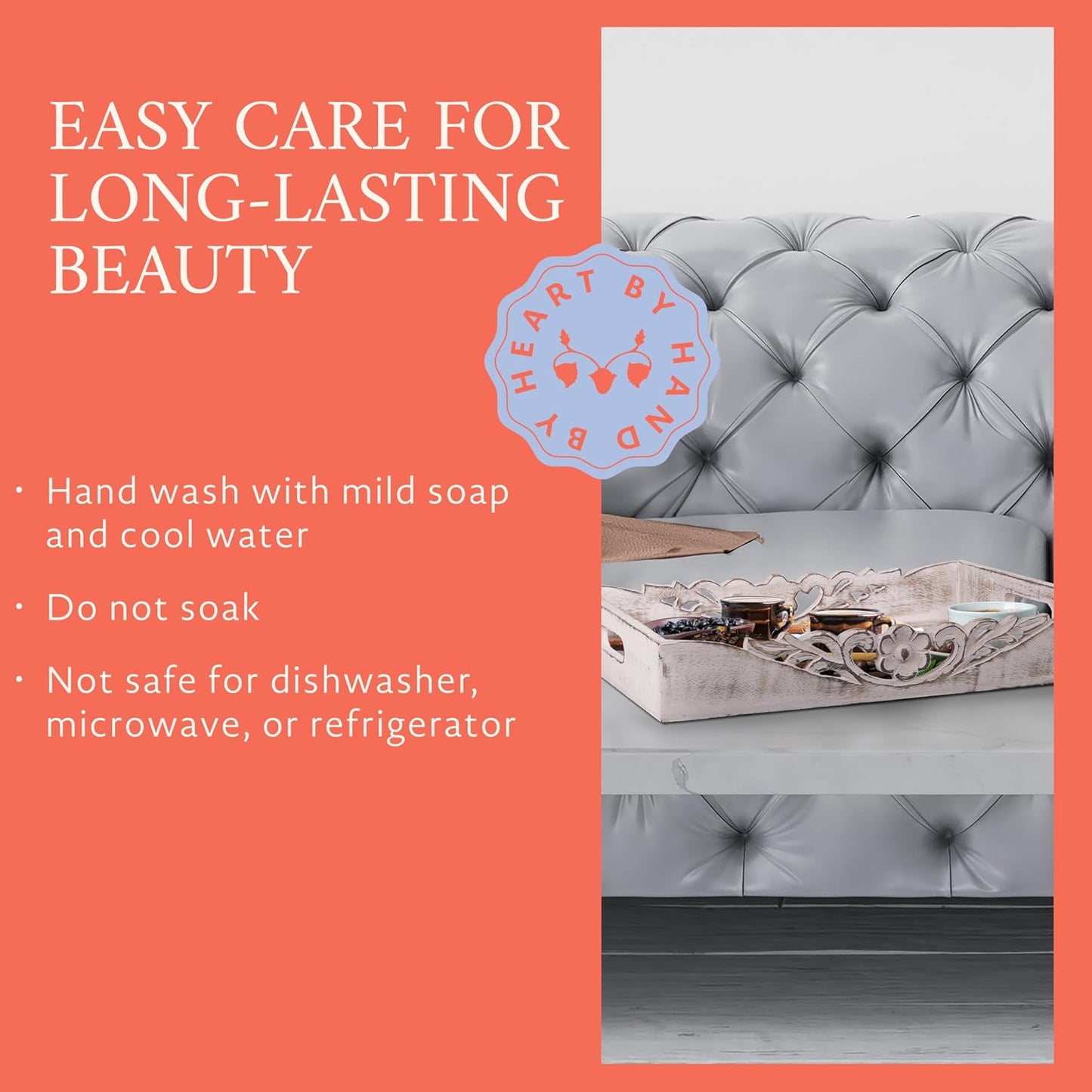 Mela Artisans Orchid Mango Wood Serving Tray - Distressed White, 16x12 in | Ottoman serving tray layout with handles, large handcrafted wooden board excellent for hot coffee, snacks and home décor.