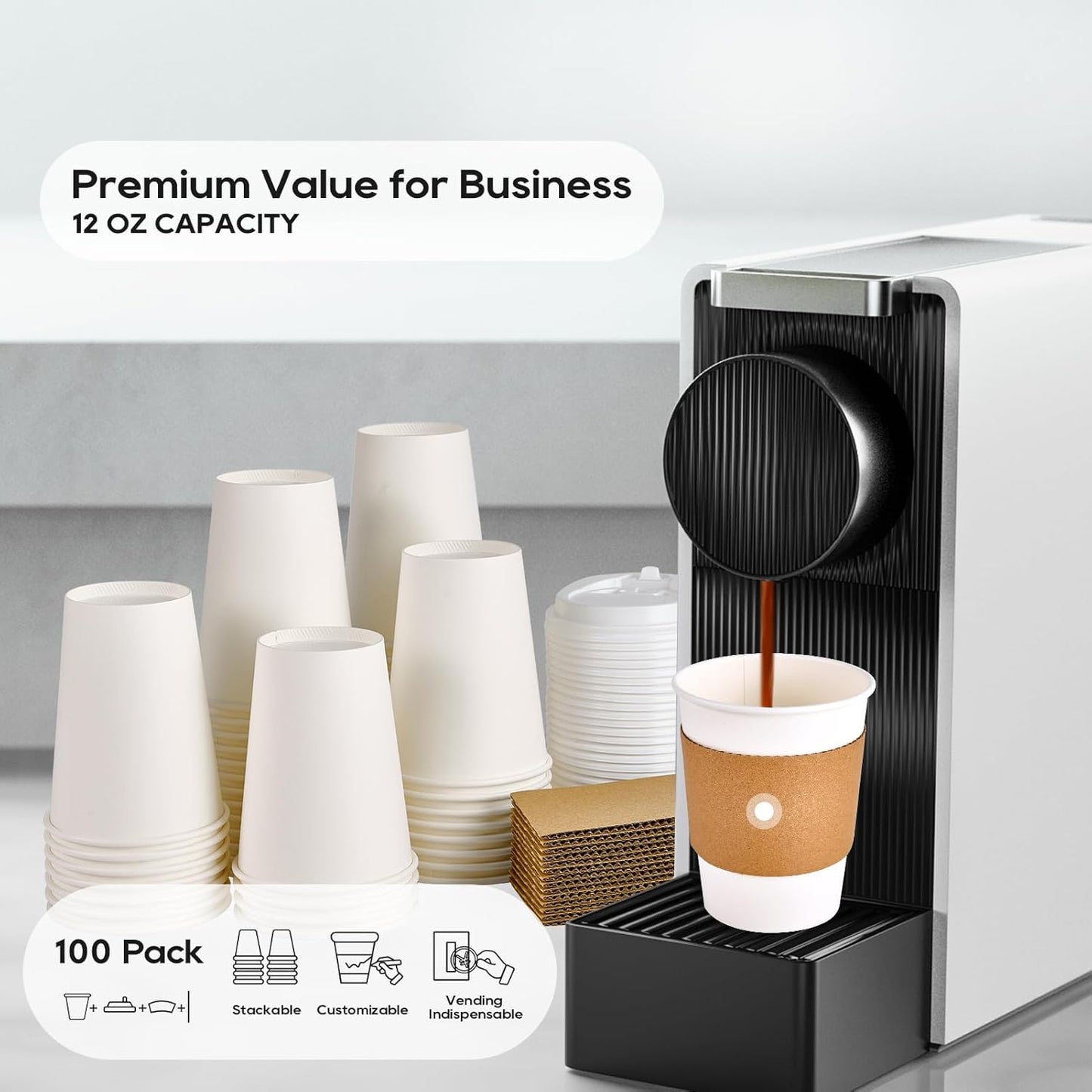 [100 Pack] 12 oz Paper Coffee Cups, Disposable Paper Coffee Cup with Lids, Sleeves, and Stirrers, Hot/Cold Beverage Drinking Cup for Water, Juice or Tea, Suitable for Home, Shops and Cafes